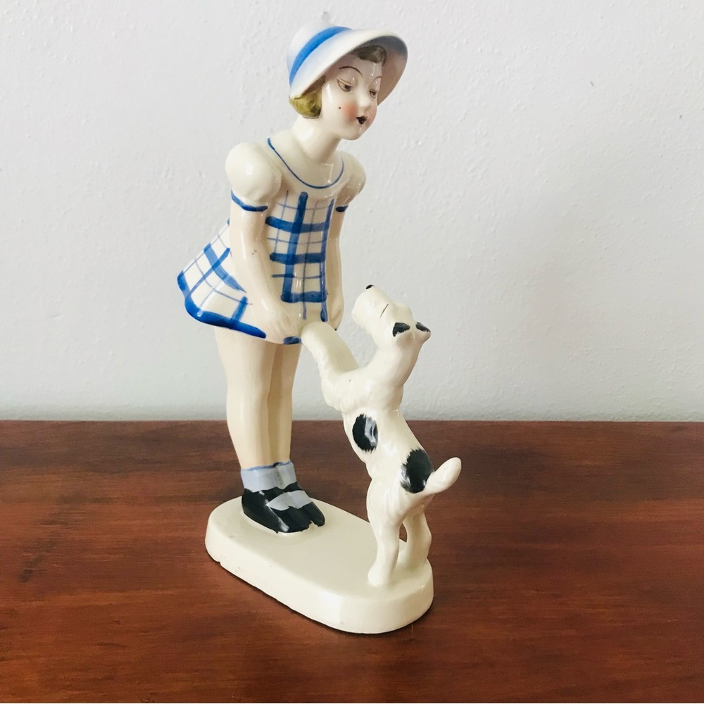 Vintage Porcelain Girl and Schnauzer/Airedale Dog Figurine, Made in Japan
